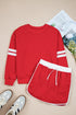 Varsity Stripe Drop Shoulder Pullover Drawstring Dolphin Hem Mini Skirt Set
