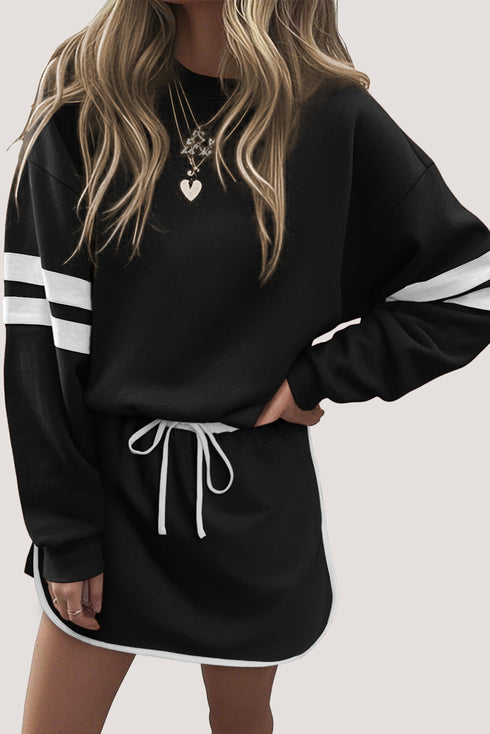 Varsity Stripe Drop Shoulder Pullover Drawstring Dolphin Hem Mini Skirt Set