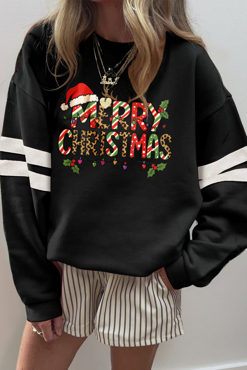 Varsity Stripe Merry Christmas Graphic Crewneck Sweatshirt