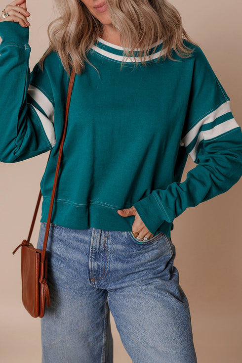 Varsity Stripe Relaxed Fit Crew Neck Pullover Sweatshirt
