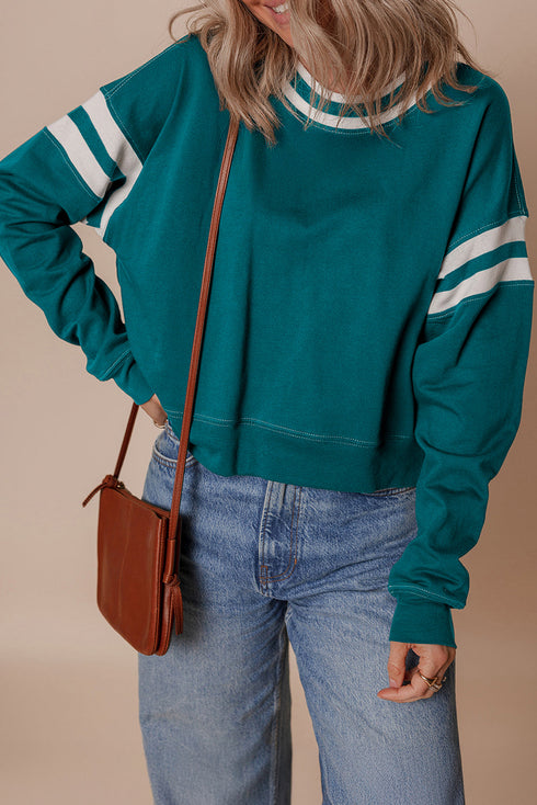 Varsity Stripe Relaxed Fit Crew Neck Pullover Sweatshirt