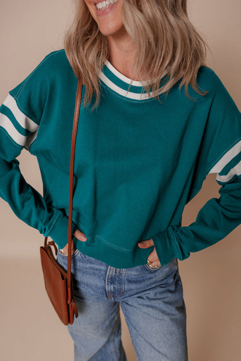 Varsity Stripe Relaxed Fit Crew Neck Pullover Sweatshirt