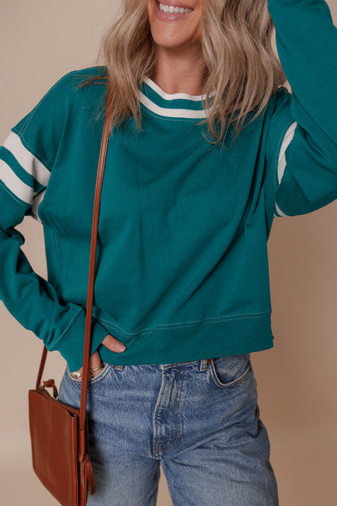 Varsity Stripe Relaxed Fit Crew Neck Pullover Sweatshirt