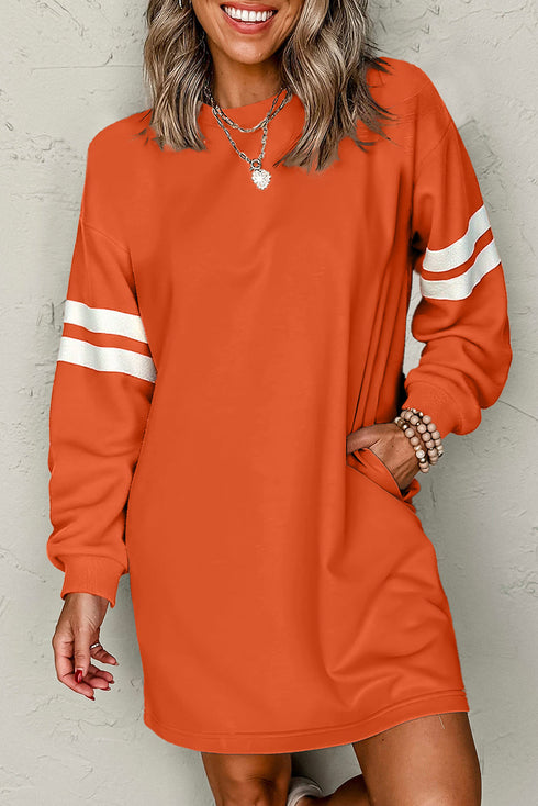 Varsity Stripe Sleeve Drop Shoulder Crew Neck Sweatshirt Mini Dress