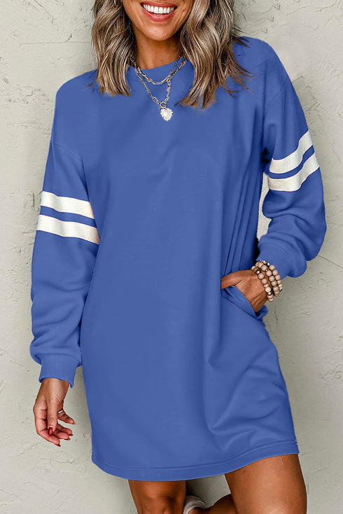 Varsity Stripe Sleeve Drop Shoulder Crew Neck Sweatshirt Mini Dress