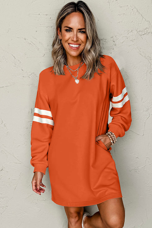 Varsity Stripe Sleeve Drop Shoulder Crew Neck Sweatshirt Mini Dress