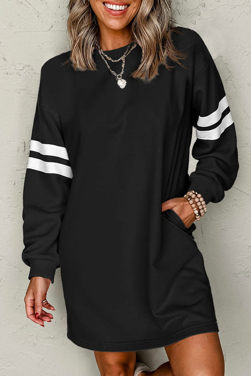 Varsity Stripe Sleeve Drop Shoulder Crew Neck Sweatshirt Mini Dress
