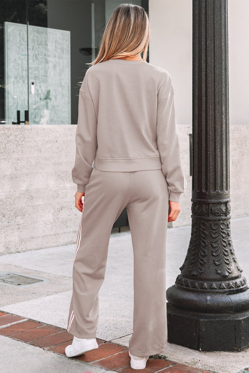 Varsity Striped Detail Crewneck Pullover Wide Leg Pant Set