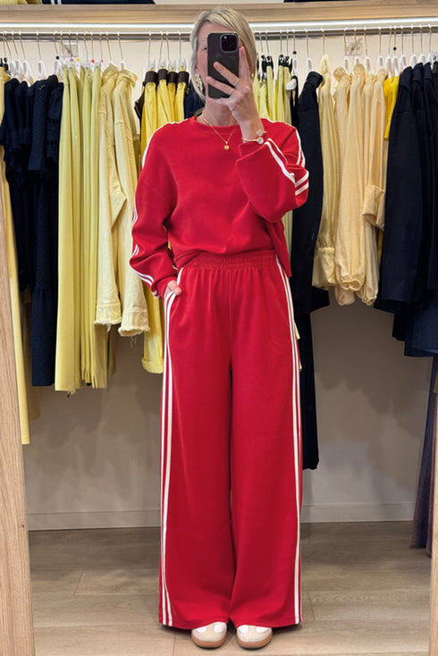 Varsity Striped Detail Crewneck Pullover Wide Leg Pant Set