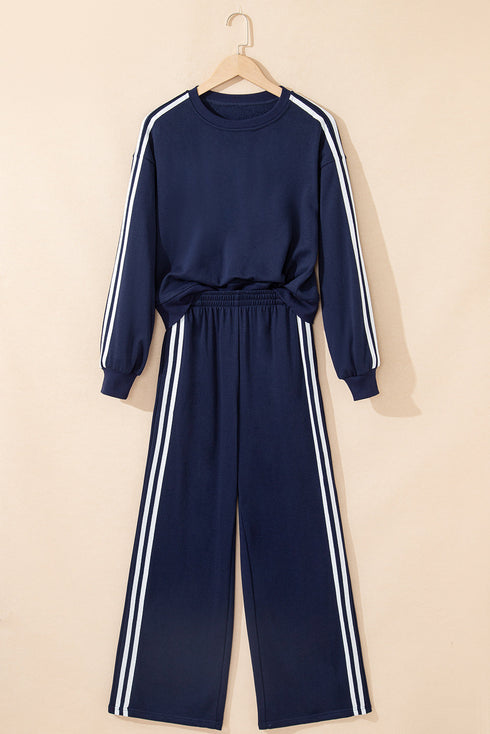 Varsity Striped Detail Crewneck Pullover Wide Leg Pant Set