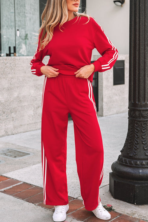 Varsity Striped Detail Crewneck Pullover Wide Leg Pant Set