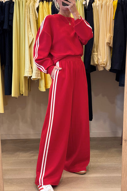 Varsity Striped Detail Crewneck Pullover Wide Leg Pant Set