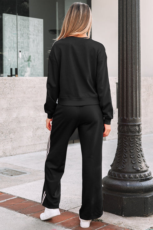 Varsity Striped Detail Crewneck Pullover Wide Leg Pant Set