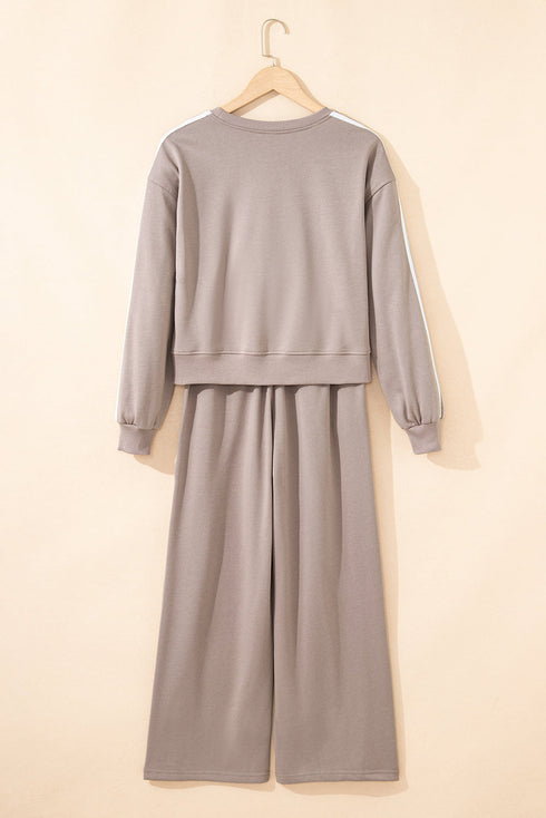 Varsity Striped Detail Crewneck Pullover Wide Leg Pant Set