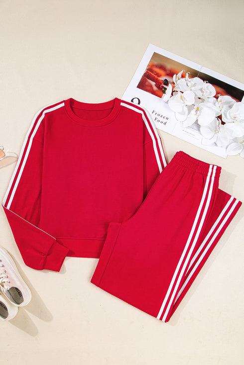 Varsity Striped Detail Crewneck Pullover Wide Leg Pant Set