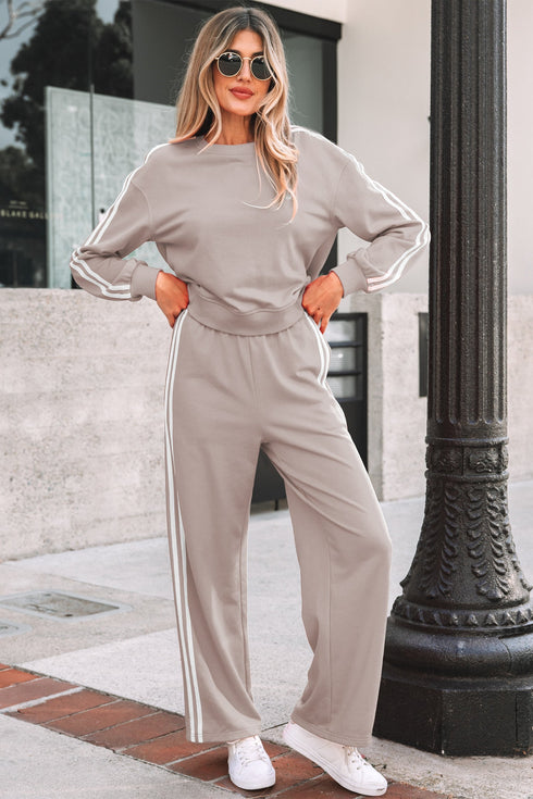 Varsity Striped Detail Crewneck Pullover Wide Leg Pant Set