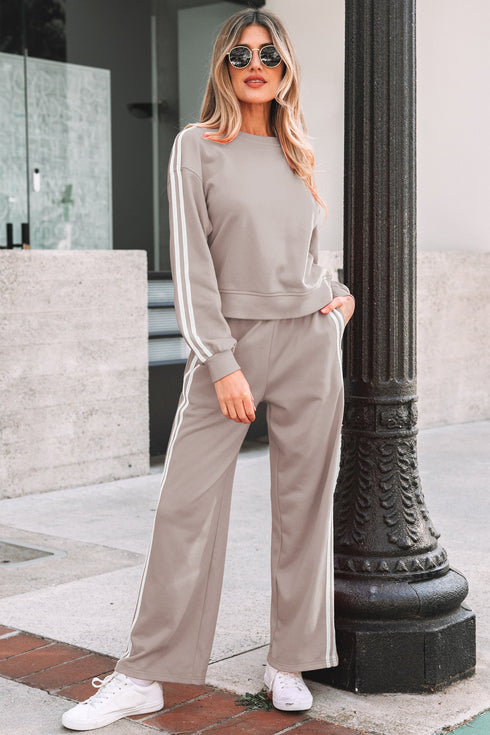 Varsity Striped Detail Crewneck Pullover Wide Leg Pant Set