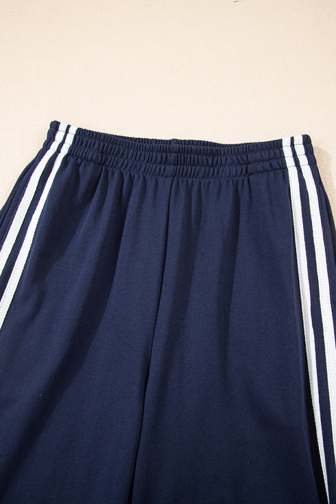 Varsity Striped Detail Crewneck Pullover Wide Leg Pant Set