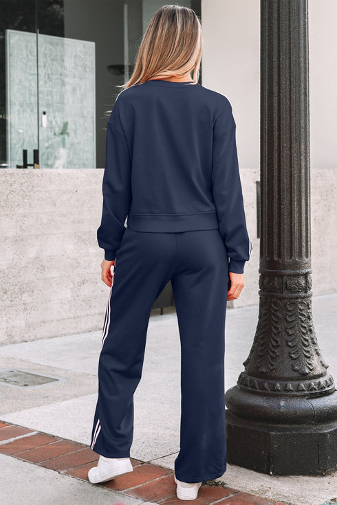 Varsity Striped Detail Crewneck Pullover Wide Leg Pant Set