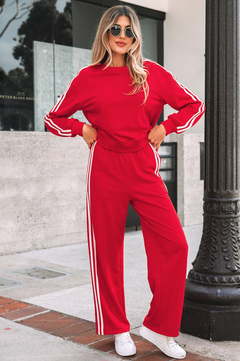 Varsity Striped Detail Crewneck Pullover Wide Leg Pant Set