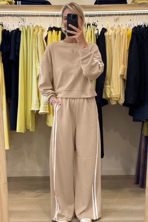 Varsity Striped Detail Crewneck Pullover Wide Leg Pant Set