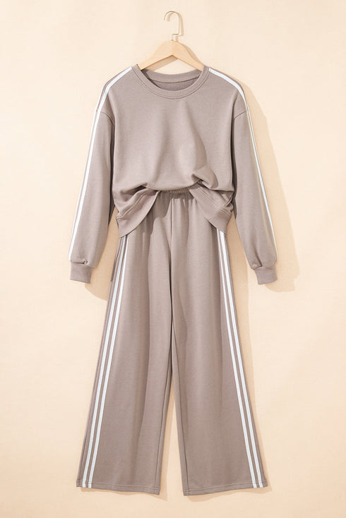 Varsity Striped Detail Crewneck Pullover Wide Leg Pant Set