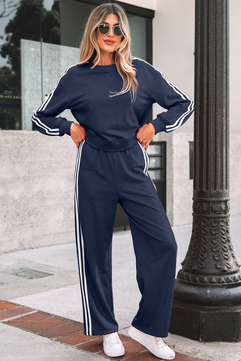 Varsity Striped Detail Crewneck Pullover Wide Leg Pant Set