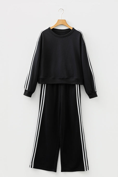 Varsity Striped Detail Crewneck Pullover Wide Leg Pant Set
