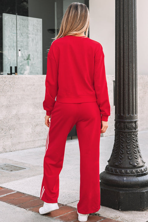 Varsity Striped Detail Crewneck Pullover Wide Leg Pant Set