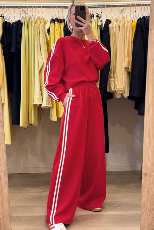 Varsity Striped Detail Crewneck Pullover Wide Leg Pant Set