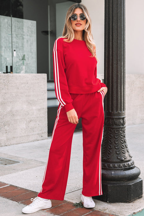 Varsity Striped Detail Crewneck Pullover Wide Leg Pant Set