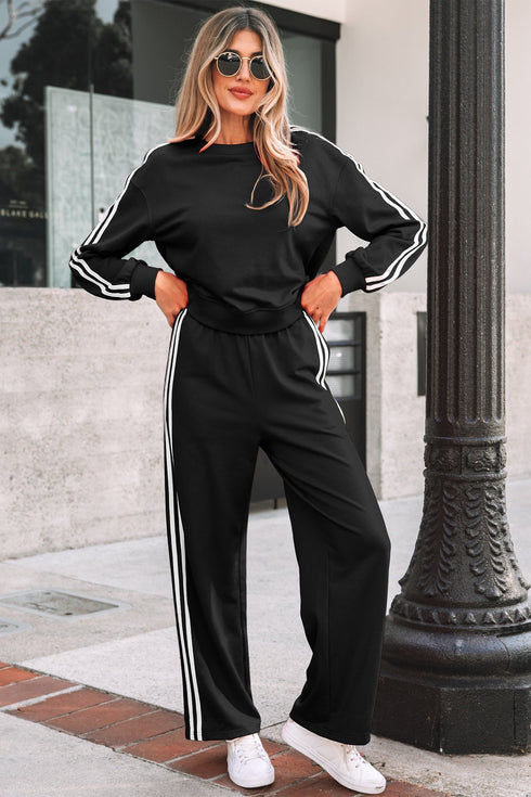 Varsity Striped Detail Crewneck Pullover Wide Leg Pant Set