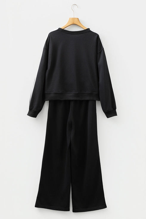 Varsity Striped Detail Crewneck Pullover Wide Leg Pant Set