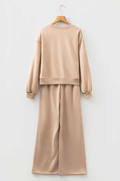Varsity Striped Detail Crewneck Pullover Wide Leg Pant Set
