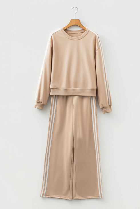 Varsity Striped Detail Crewneck Pullover Wide Leg Pant Set