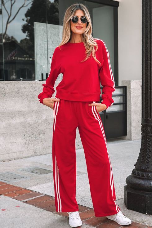 Varsity Striped Detail Crewneck Pullover Wide Leg Pant Set