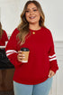 Varsity Striped Patchwork Accent Trim Crew Neck Sweatshirt