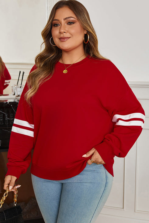 Varsity Striped Patchwork Accent Trim Crew Neck Sweatshirt
