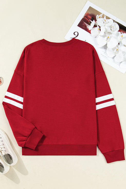 Varsity Striped Patchwork Accent Trim Crew Neck Sweatshirt