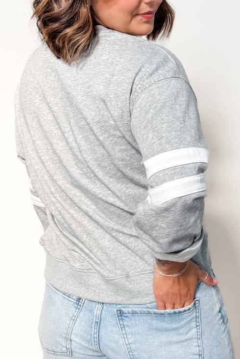 Varsity Striped Patchwork Accent Trim Crew Neck Sweatshirt