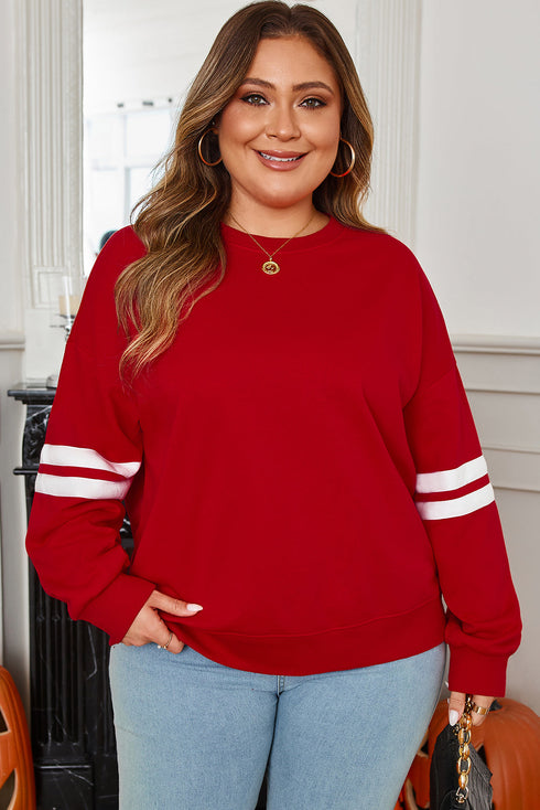 Varsity Striped Patchwork Accent Trim Crew Neck Sweatshirt