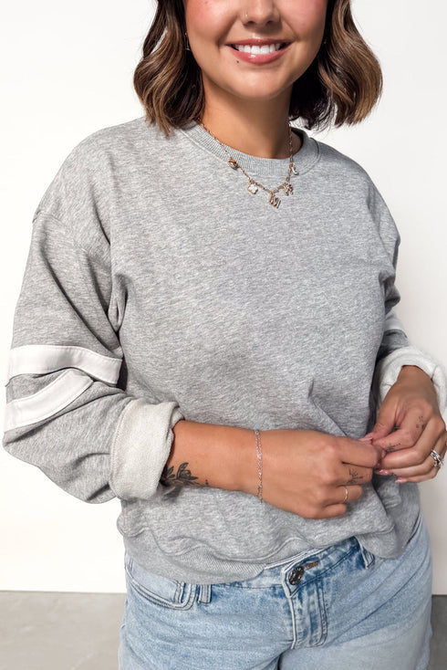 Varsity Striped Patchwork Accent Trim Crew Neck Sweatshirt