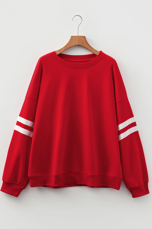 Varsity Striped Patchwork Accent Trim Crew Neck Sweatshirt