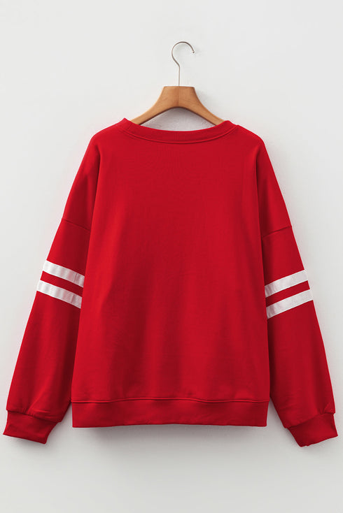 Varsity Striped Patchwork Accent Trim Crew Neck Sweatshirt