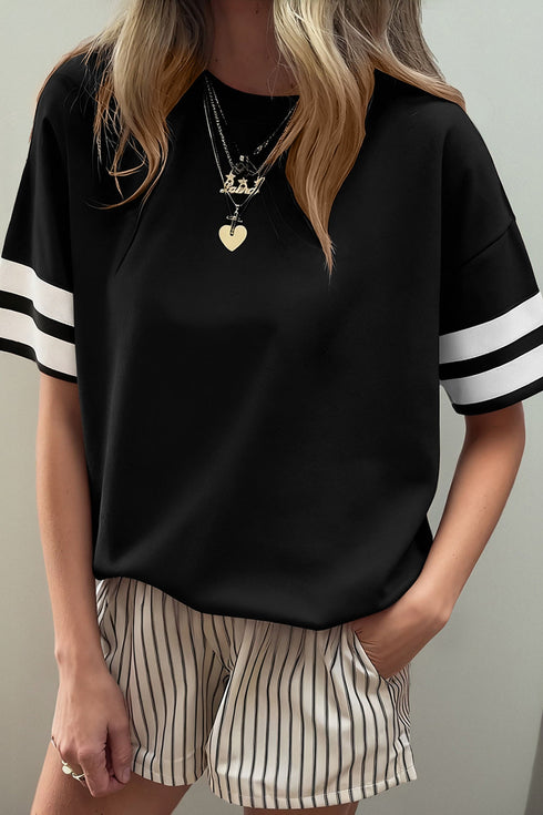 Varsity Striped Patchwork Crew Neck Short Sleeve T Shirt
