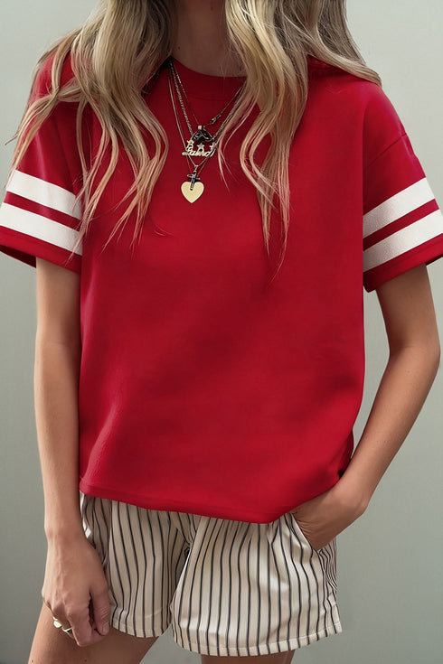 Varsity Striped Patchwork Crew Neck Short Sleeve T Shirt