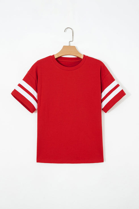 Varsity Striped Patchwork Crew Neck Short Sleeve T Shirt