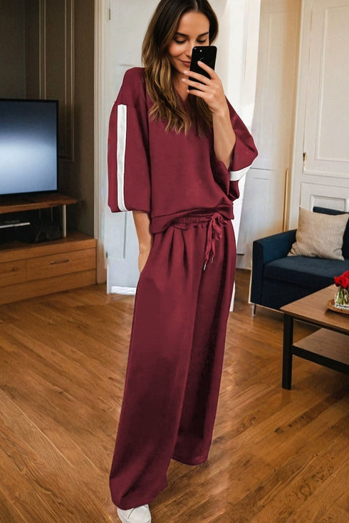 Varsity Striped Pullover Drawstring Wide Leg Pant Set