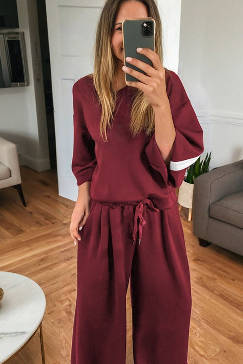Varsity Striped Pullover Drawstring Wide Leg Pant Set