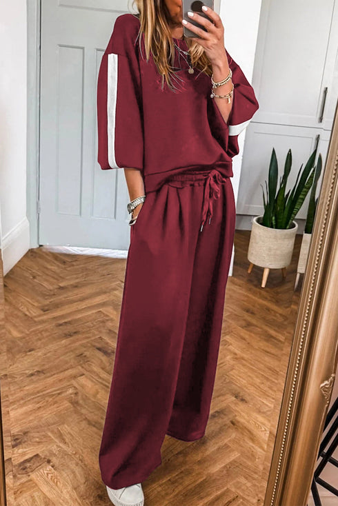 Varsity Striped Pullover Drawstring Wide Leg Pant Set